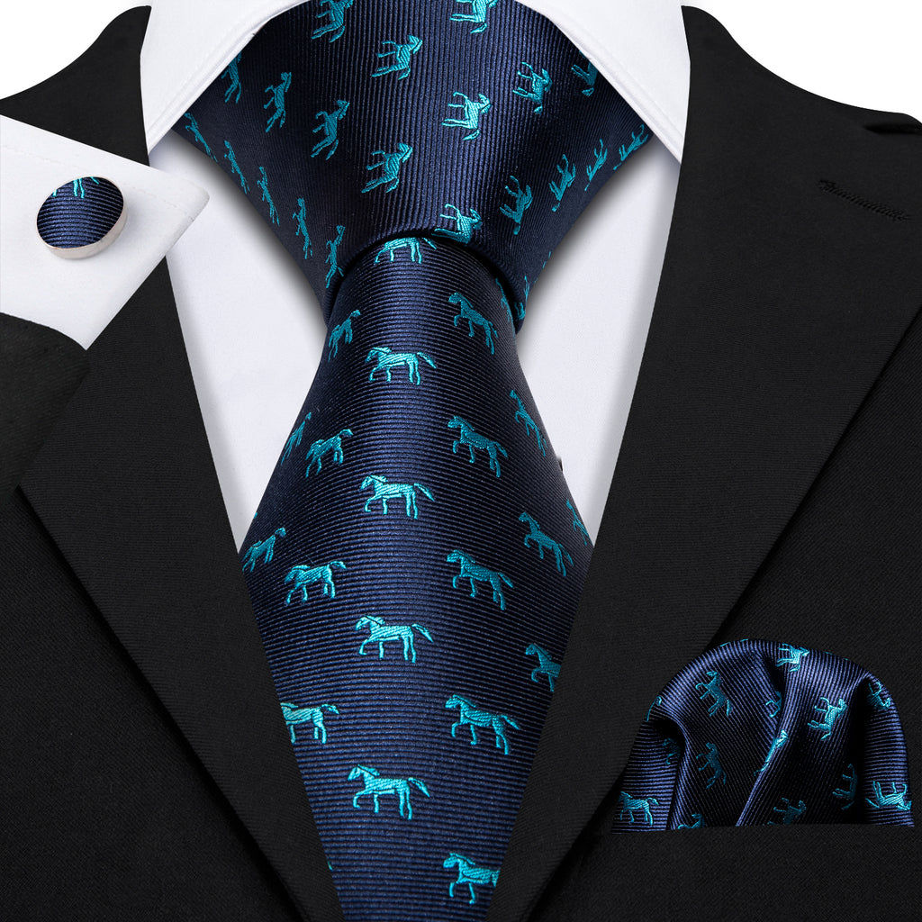 Blue Horse Novelty Tie, Pocket Square and Cufflinks Set tie sets - Sophisticated Gentlemen
