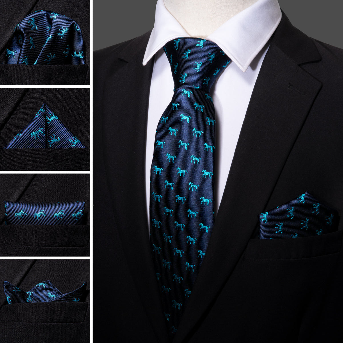 Blue Horse Novelty Tie, Pocket Square and Cufflinks Set tie sets - Sophisticated Gentlemen