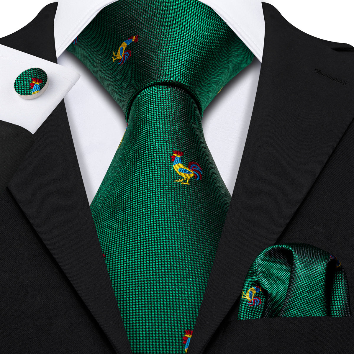 Green Novelty Rooster Pattern Tie, Pocket Square and Cufflinks Set tie sets - Sophisticated Gentlemen