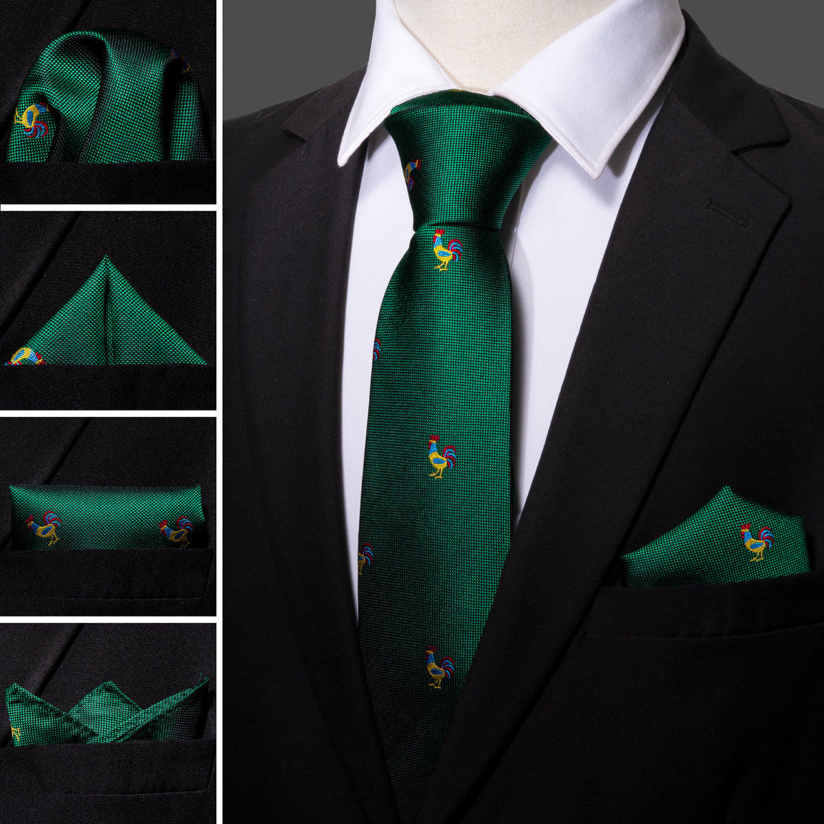 Green Novelty Rooster Pattern Tie, Pocket Square and Cufflinks Set tie sets - Sophisticated Gentlemen