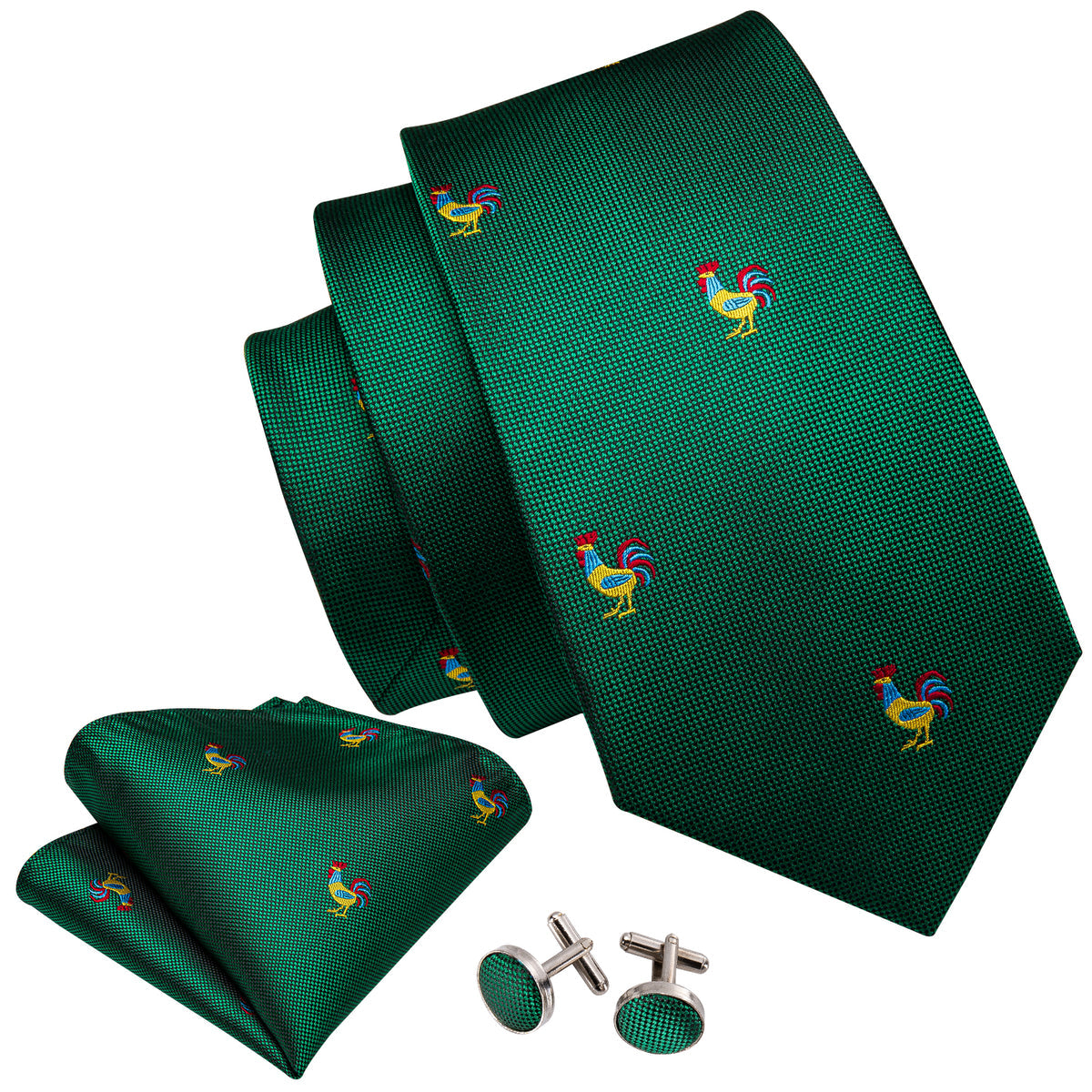 Green Novelty Rooster Pattern Tie, Pocket Square and Cufflinks Set tie sets - Sophisticated Gentlemen