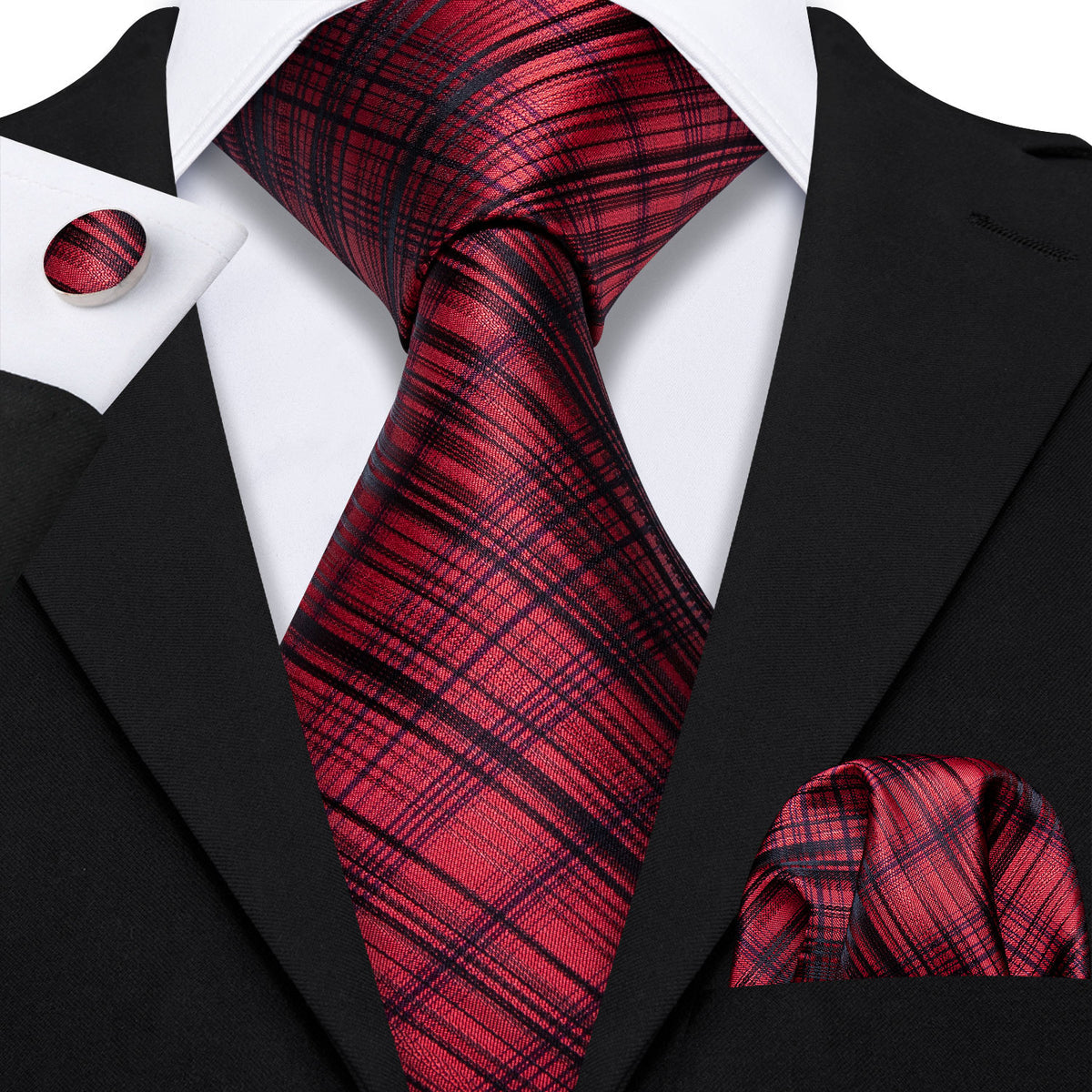 High Gloss Red Black Stripe Tie, Pocket Square and Cufflinks Set tie sets - Sophisticated Gentlemen