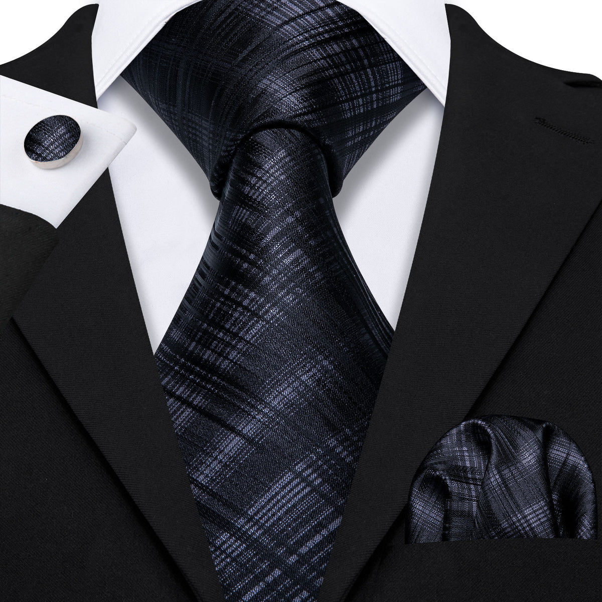High Gloss Black Gray Stripe Tie, Pocket Square and Cufflinks Set tie sets - Sophisticated Gentlemen