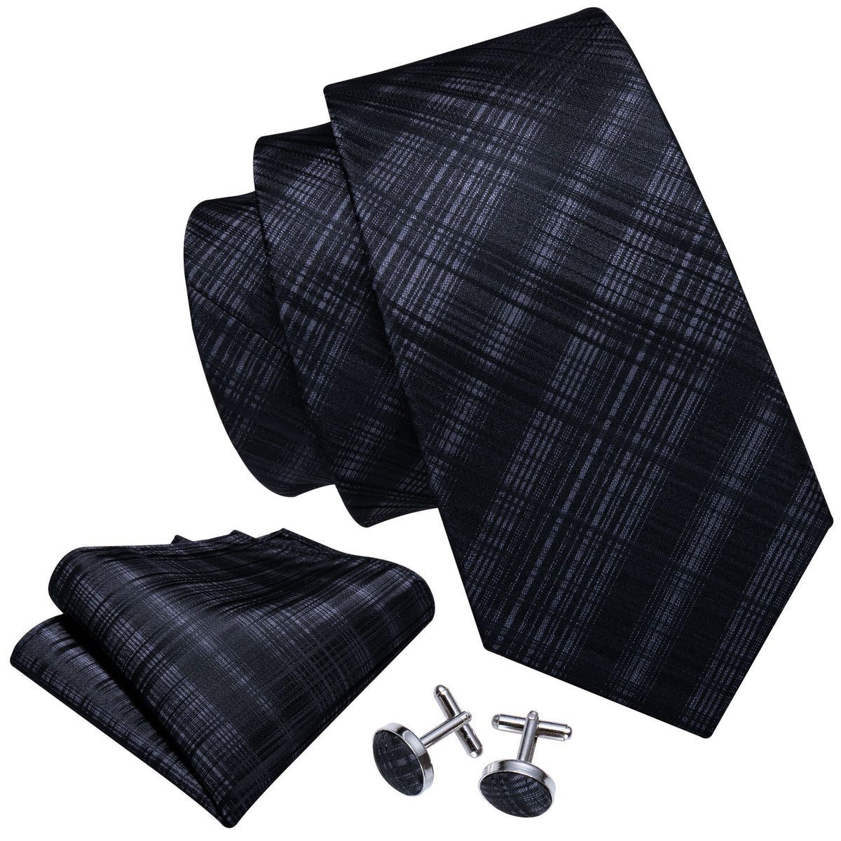 High Gloss Black Gray Stripe Tie, Pocket Square and Cufflinks Set tie sets - Sophisticated Gentlemen