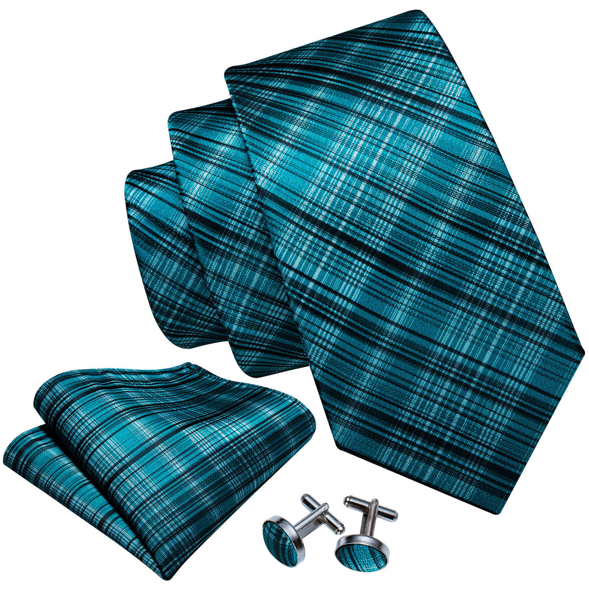 High Gloss Blue and Black Stripe Tie, Pocket Square and Cufflinks Set tie sets - Sophisticated Gentlemen