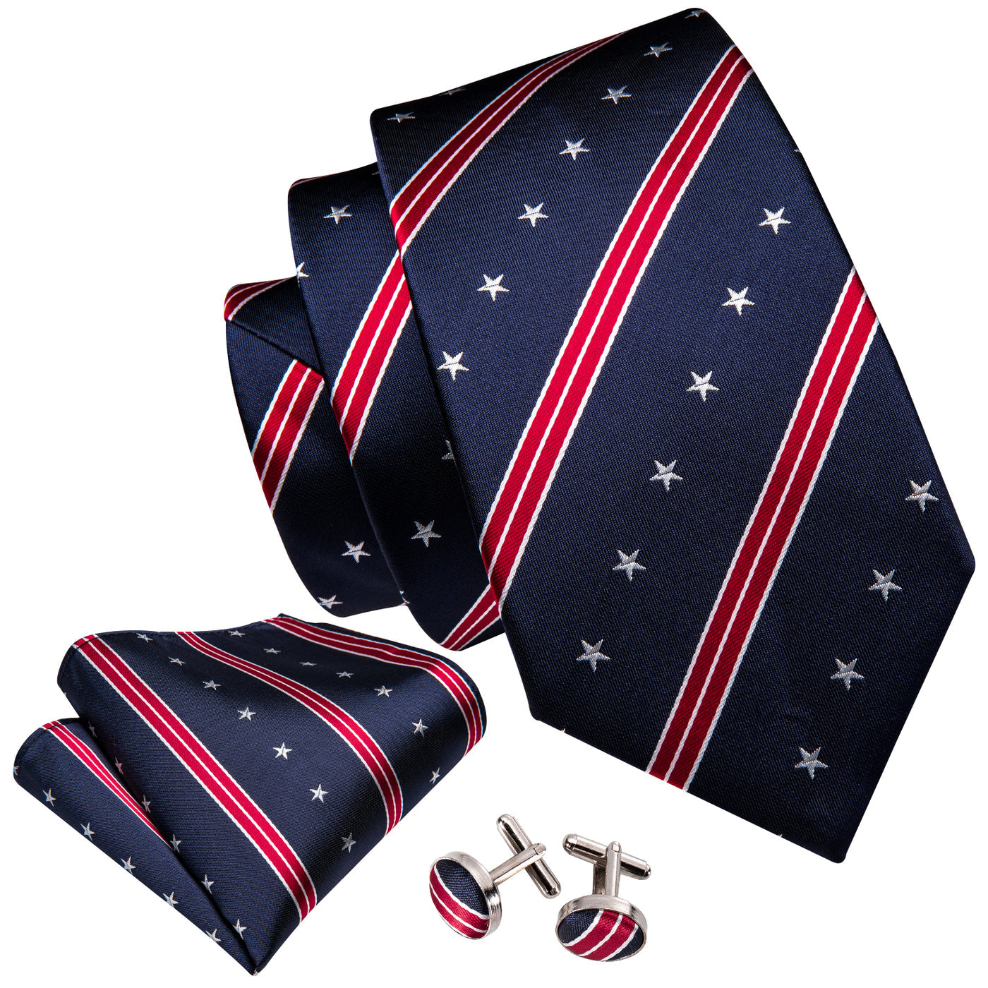 Navy Patriotic Star & Stripe Tie, Pocket Square & Cufflinks Set – American Flag-Inspired Design tie set - Sophisticated Gentlemen