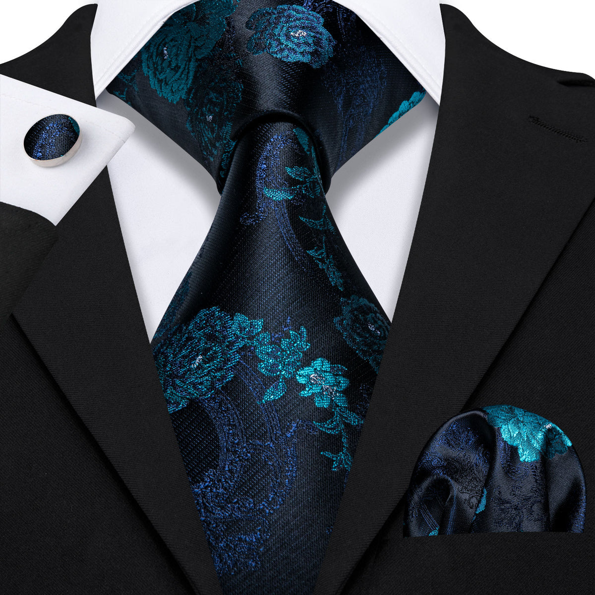Black Blue Floral Silk Tie, Pocket Square and Cufflinks Set tie sets - Sophisticated Gentlemen