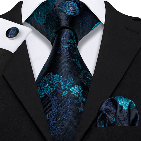 Black Blue Floral Silk Tie, Pocket Square and Cufflinks Set tie sets    - Sophisticated Gentlemen