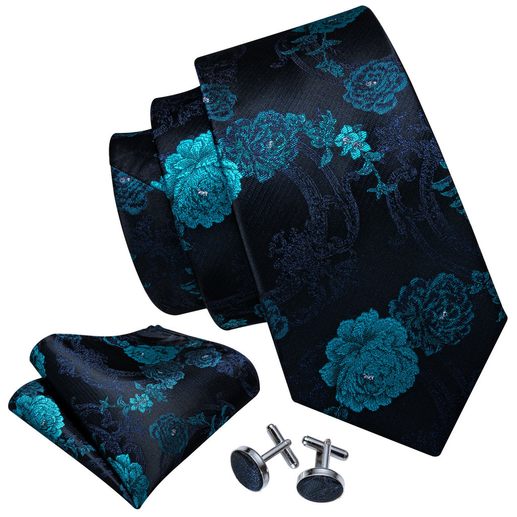 Black Blue Floral Silk Tie, Pocket Square and Cufflinks Set tie sets - Sophisticated Gentlemen