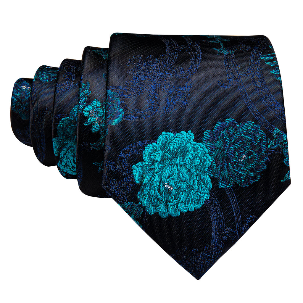 Black Blue Floral Silk Tie, Pocket Square and Cufflinks Set tie sets - Sophisticated Gentlemen