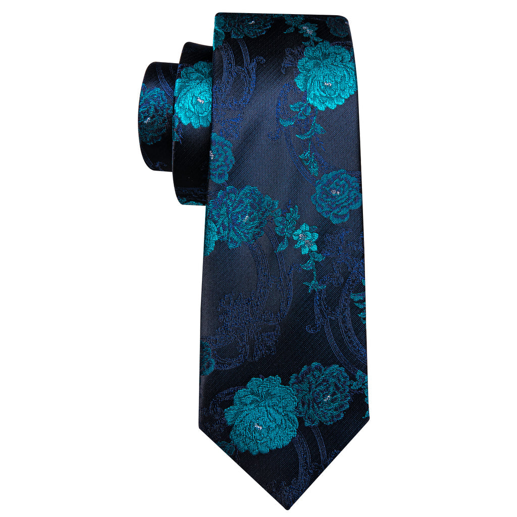 Black Blue Floral Silk Tie, Pocket Square and Cufflinks Set tie sets - Sophisticated Gentlemen
