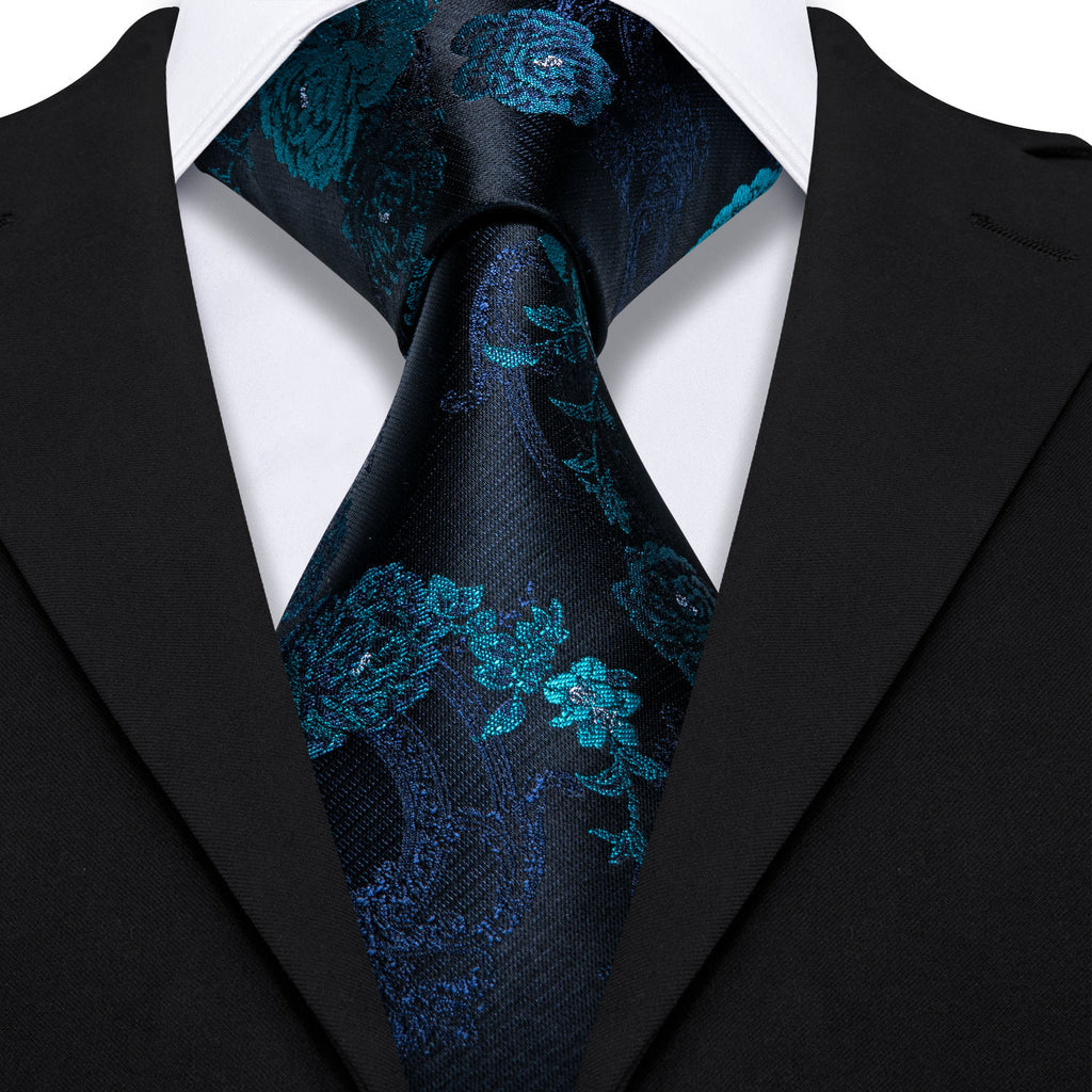 Black Blue Floral Silk Tie, Pocket Square and Cufflinks Set tie sets - Sophisticated Gentlemen