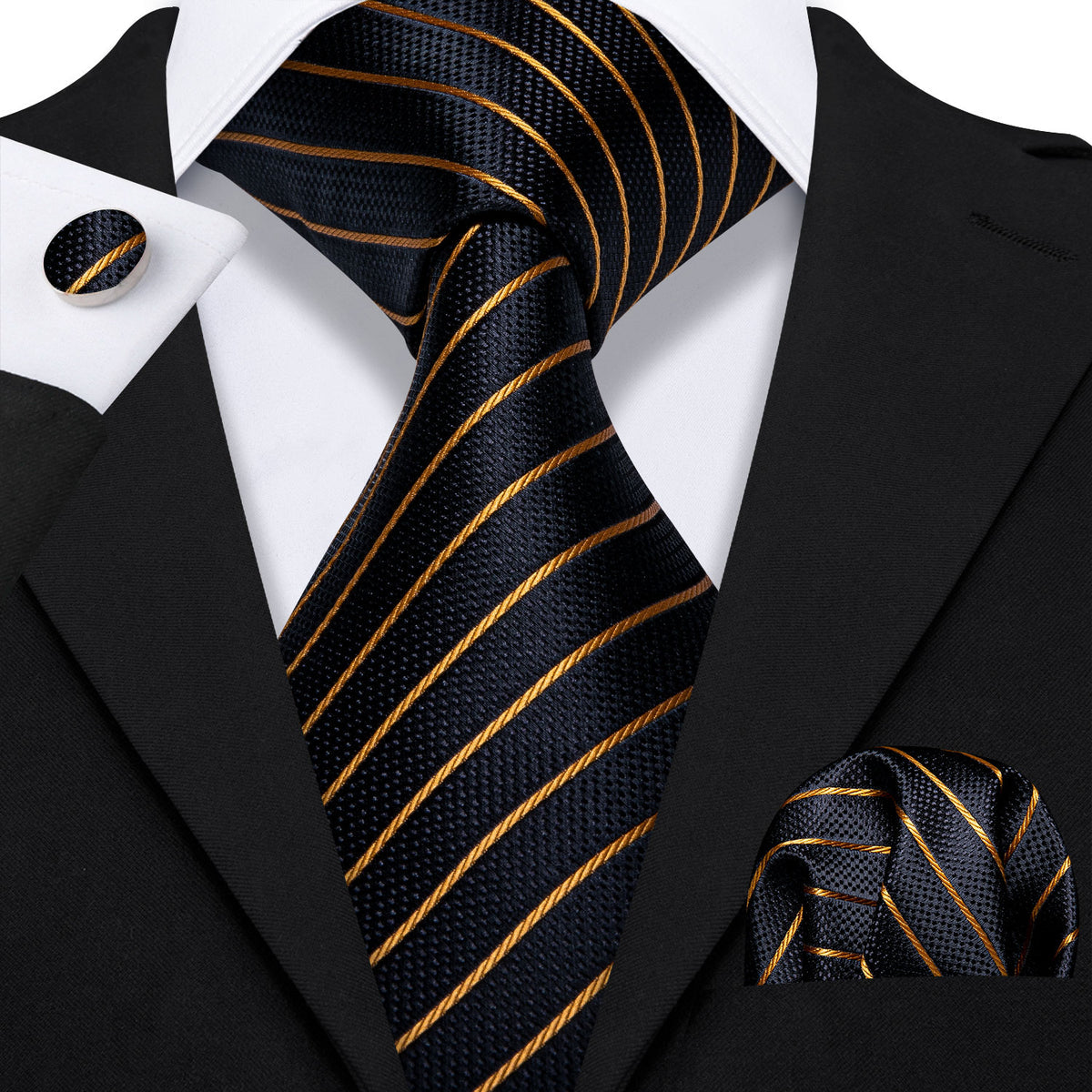 Opulent Black & Gold Striped Silk Tie Set with Pocket Square and Cufflinks tie sets - Sophisticated Gentlemen