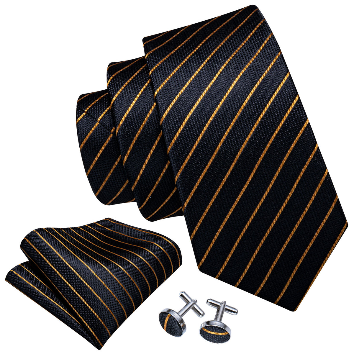 Opulent Black & Gold Striped Silk Tie Set with Pocket Square and Cufflinks tie sets - Sophisticated Gentlemen