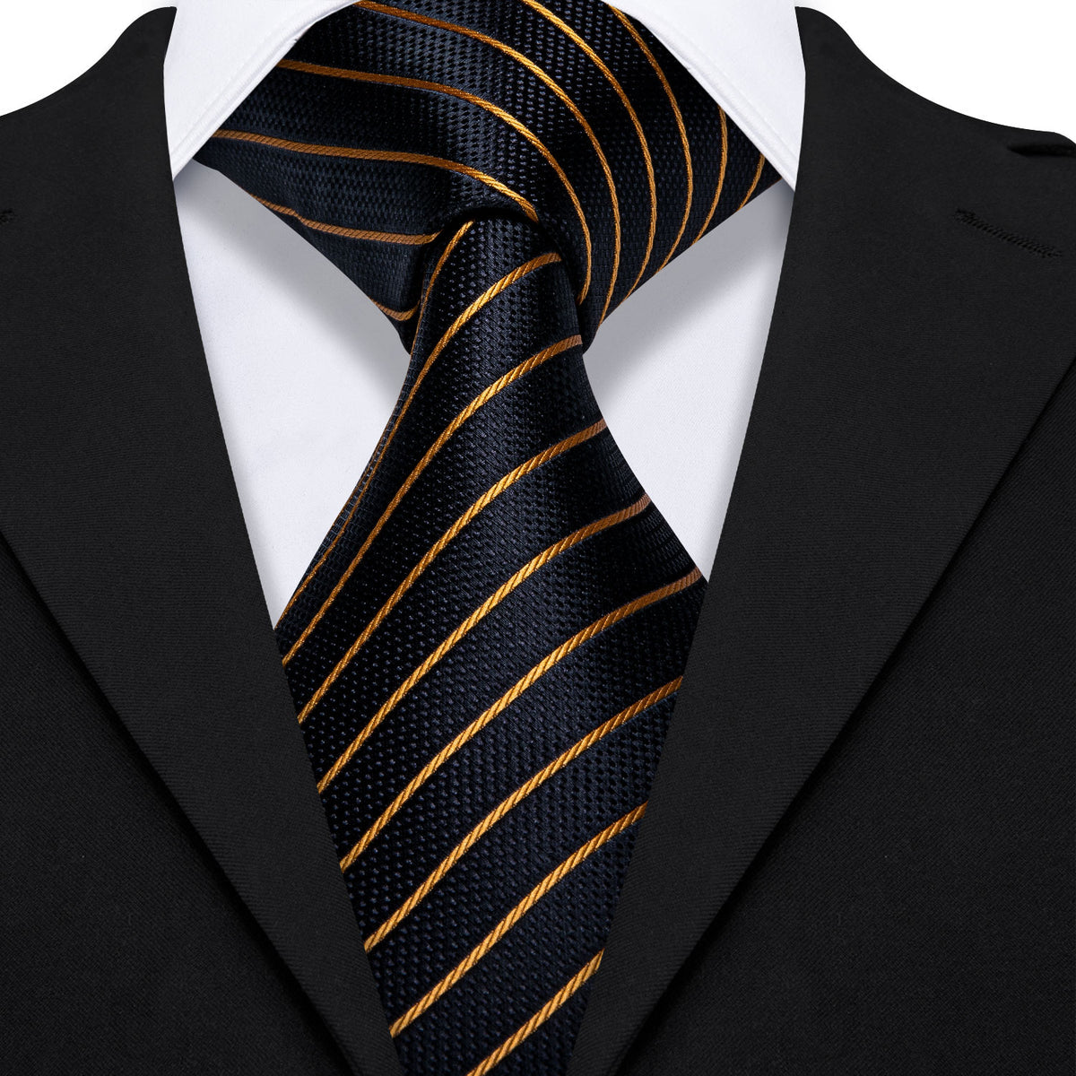 Opulent Black & Gold Striped Silk Tie Set with Pocket Square and Cufflinks tie sets - Sophisticated Gentlemen