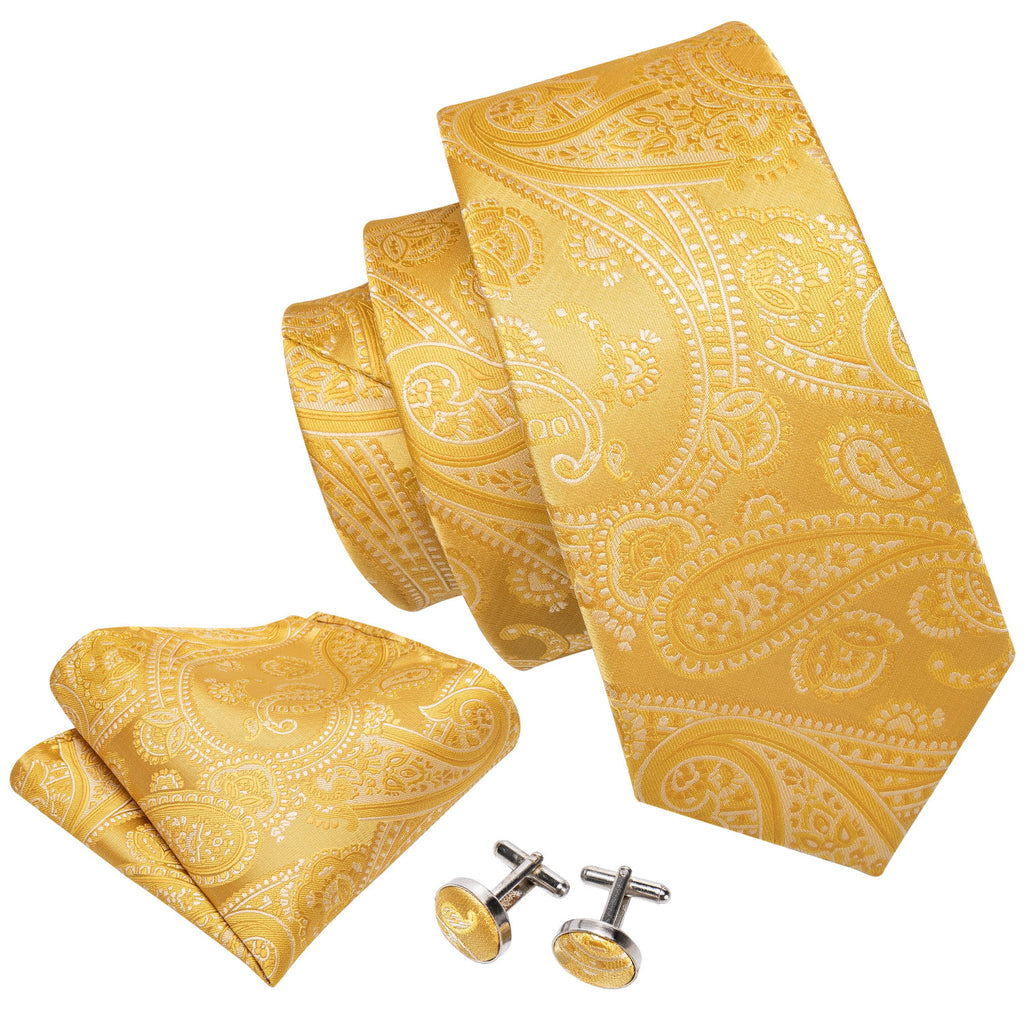 Gold Floral Silk Tie, Pocket Square and Cufflinks Set tie sets - Sophisticated Gentlemen