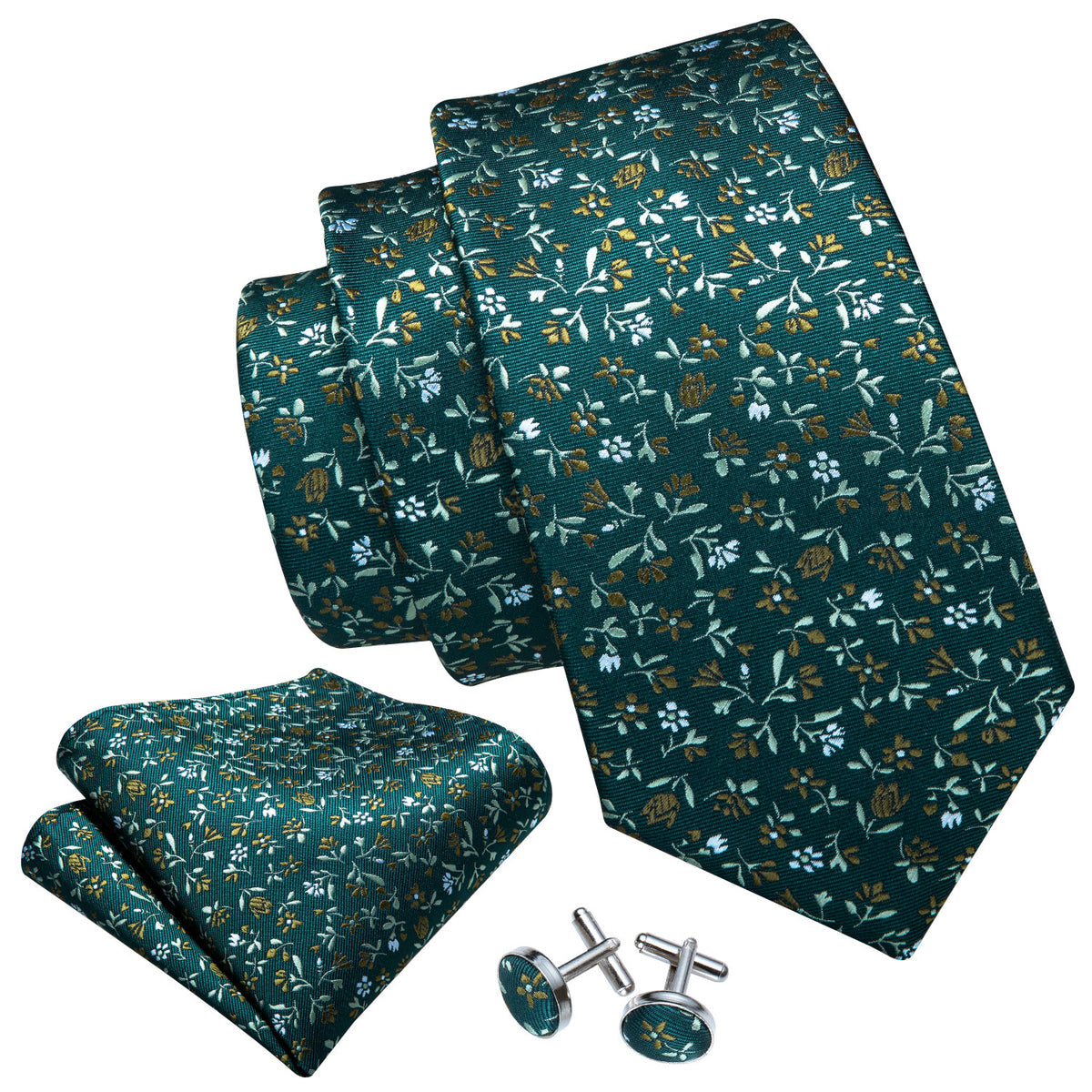 Olive Green Small Floral Tie, Pocket Square and Cufflinks Set tie sets - Sophisticated Gentlemen
