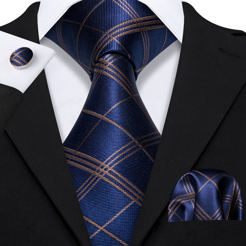 Deep Blue and Gold Striped Plaid Tie, Pocket Square and Cufflinks Set tie sets - Sophisticated Gentlemen