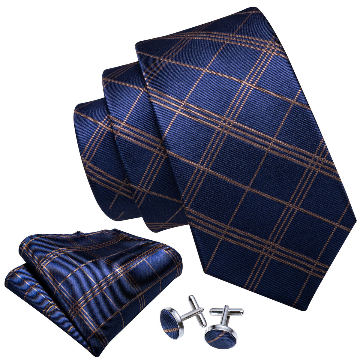Deep Blue and Gold Striped Plaid Tie, Pocket Square and Cufflinks Set tie sets - Sophisticated Gentlemen