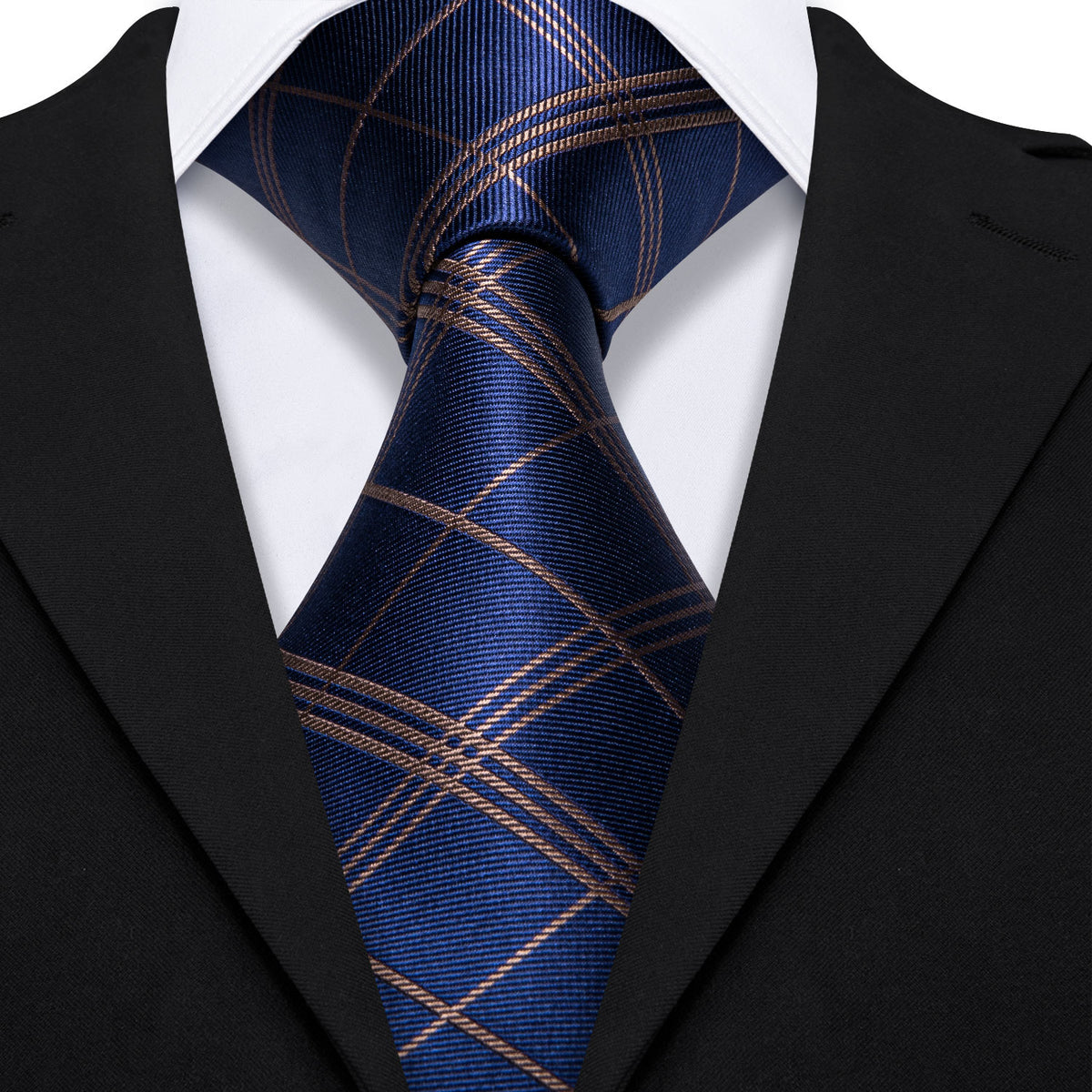 Deep Blue and Gold Striped Plaid Tie, Pocket Square and Cufflinks Set tie sets - Sophisticated Gentlemen