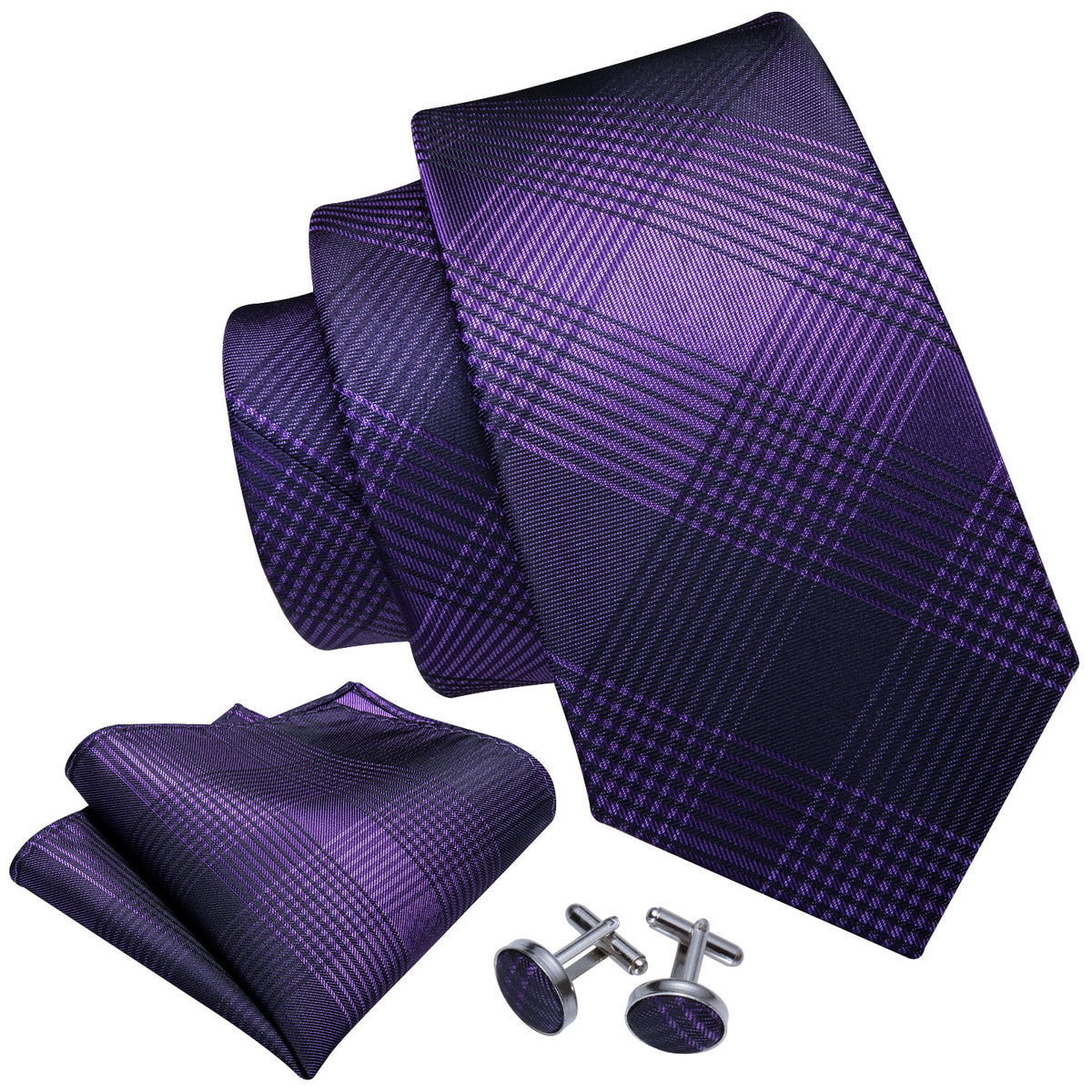 Purple & Black Stripe Plaid Silk Tie, Pocket Square & Cufflinks Set tie sets - Sophisticated Gentlemen