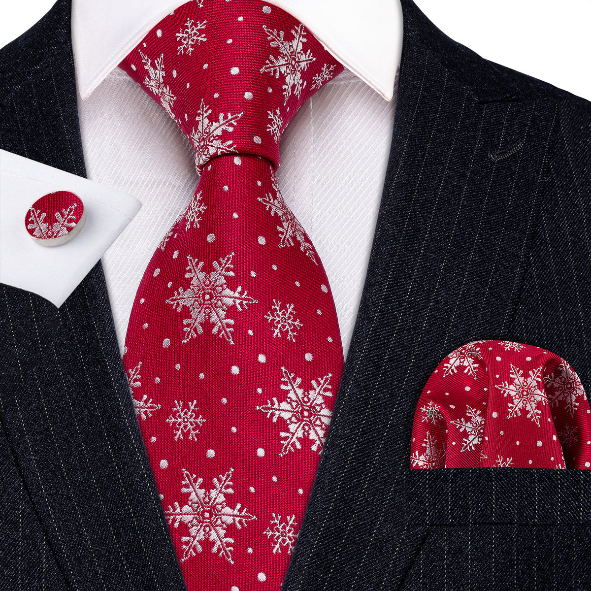 Red White Snowflake Christmas Silk Tie, Pocket Square and Cufflinks Set tie sets - Sophisticated Gentlemen