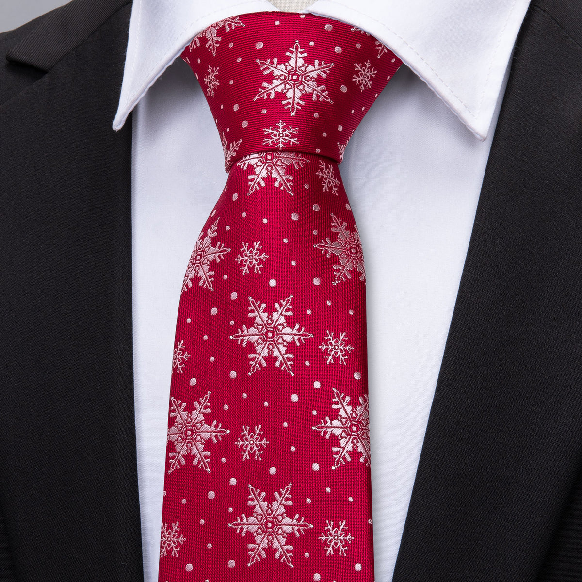Red White Snowflake Christmas Silk Tie, Pocket Square and Cufflinks Set tie sets - Sophisticated Gentlemen