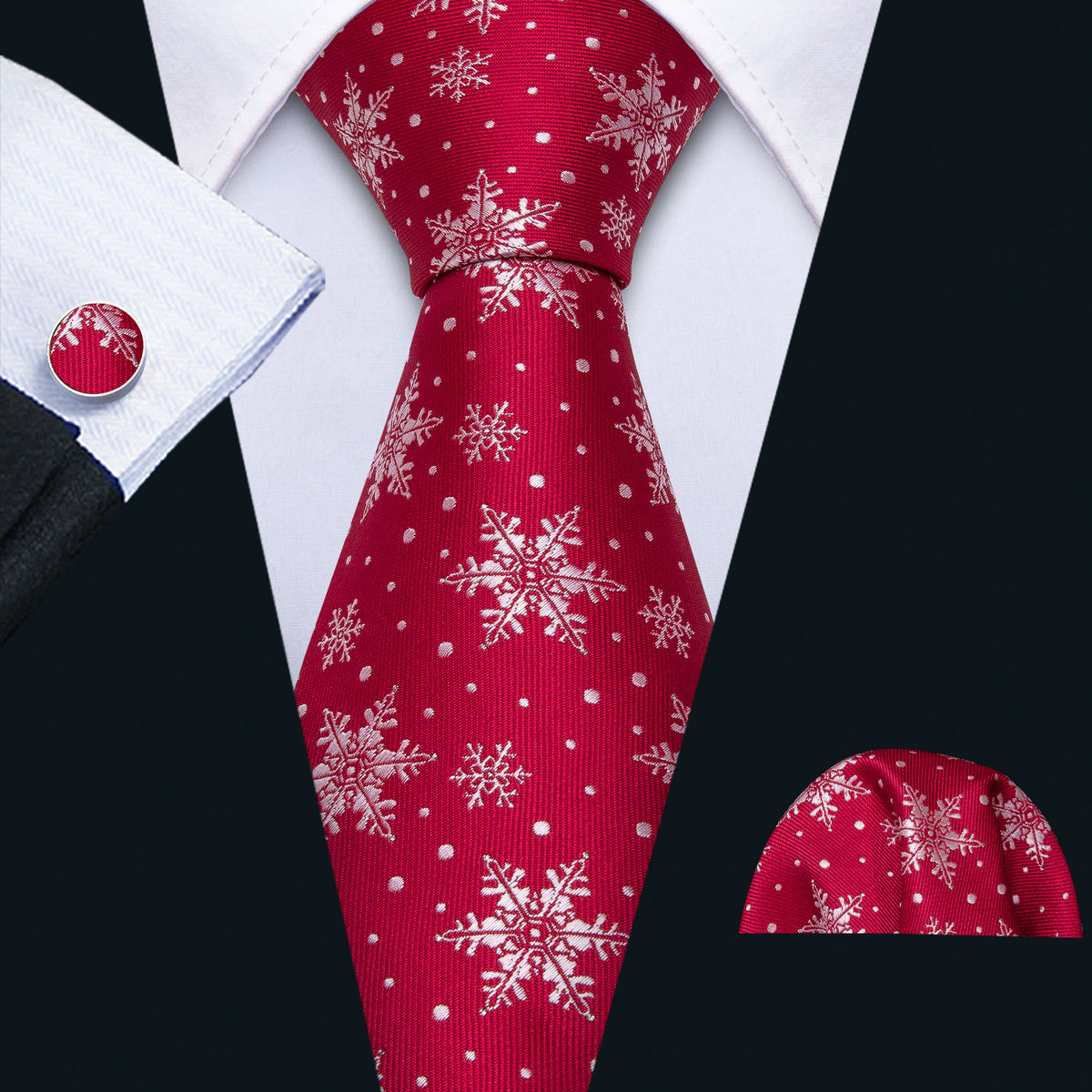 Red White Snowflake Christmas Silk Tie, Pocket Square and Cufflinks Set tie sets - Sophisticated Gentlemen