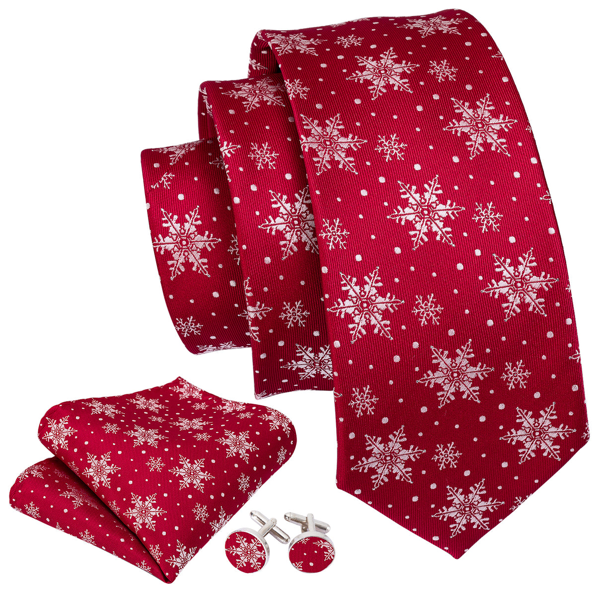 Red White Snowflake Christmas Silk Tie, Pocket Square and Cufflinks Set tie sets - Sophisticated Gentlemen