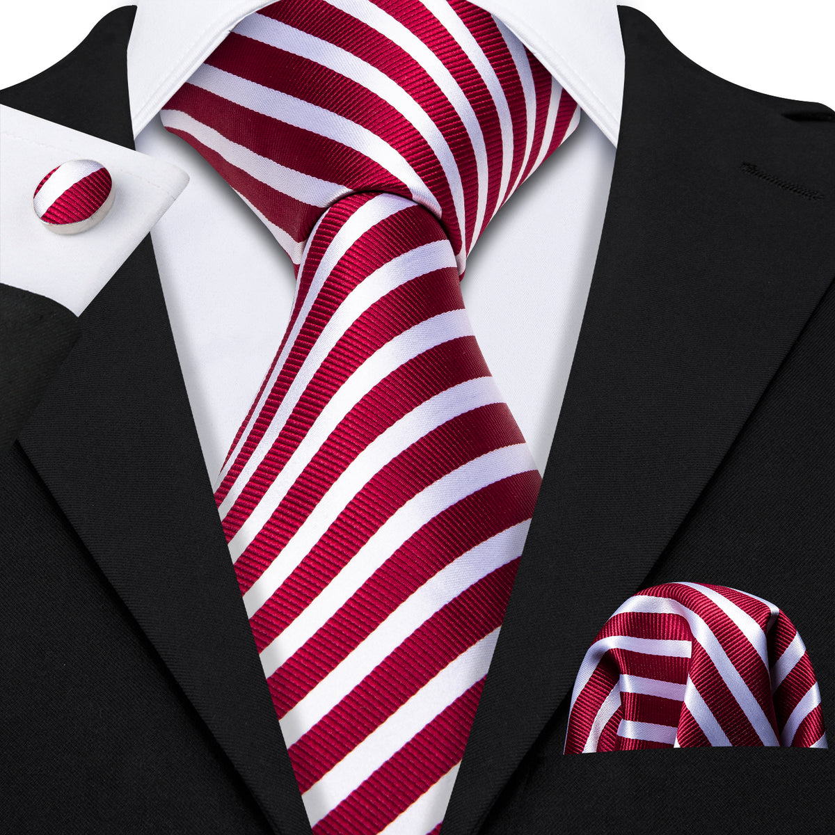 Crimson Red & White Striped Silk Tie, Pocket Square & Cufflinks Set tie sets - Sophisticated Gentlemen