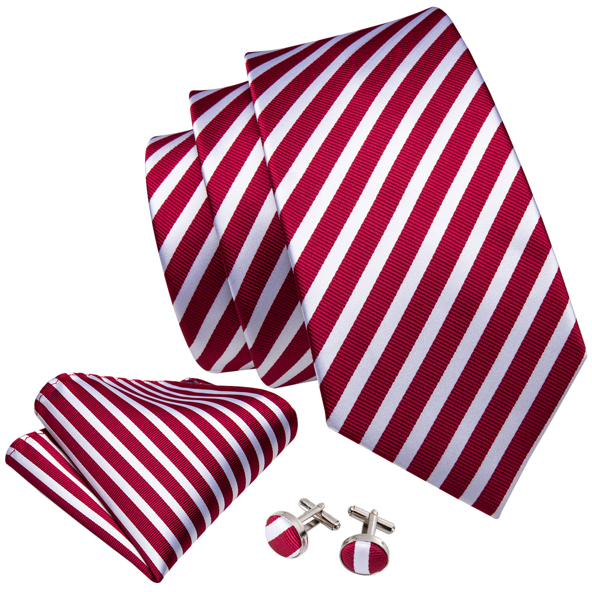 Crimson Red & White Striped Silk Tie, Pocket Square & Cufflinks Set tie sets - Sophisticated Gentlemen