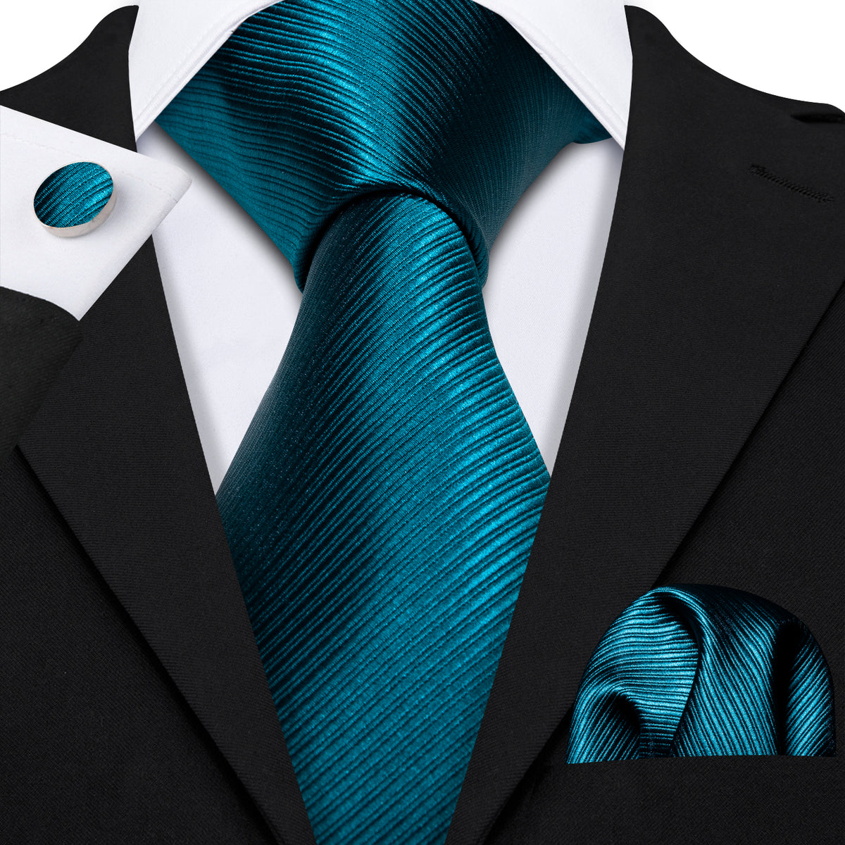 Teal Blue Solid Dark Blue Stripe Tie, Pocket Square and Cufflinks Set tie sets - Sophisticated Gentlemen