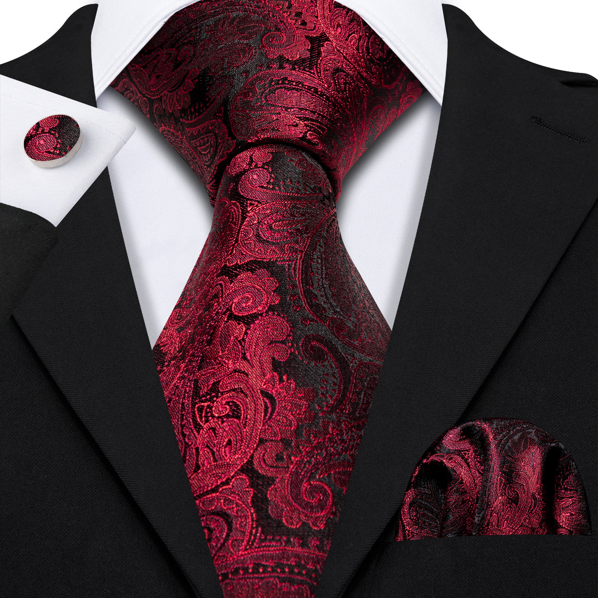 Luxury Black Red Paisley Tie, Pocket Square and Cufflinks Set tie sets - Sophisticated Gentlemen
