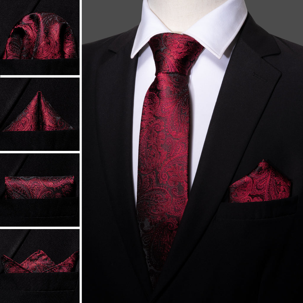 Luxury Black Red Paisley Tie, Pocket Square and Cufflinks Set tie sets - Sophisticated Gentlemen