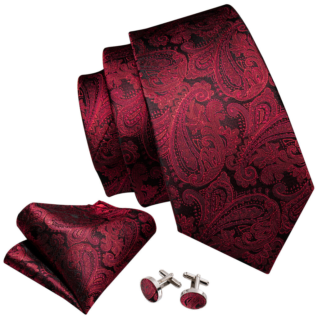 Luxury Black Red Paisley Tie, Pocket Square and Cufflinks Set tie sets - Sophisticated Gentlemen