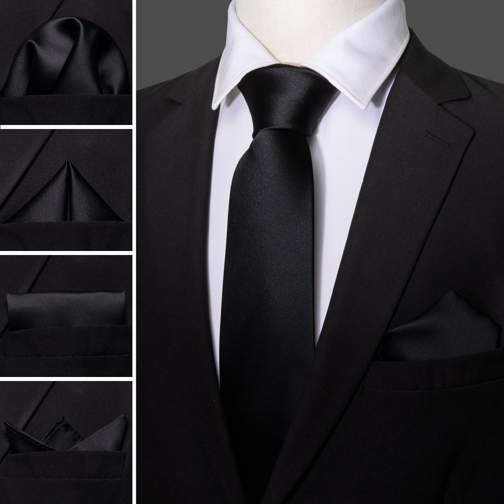 Black Solid Tie, Pocket Square and Cufflinks Set tie sets - Sophisticated Gentlemen