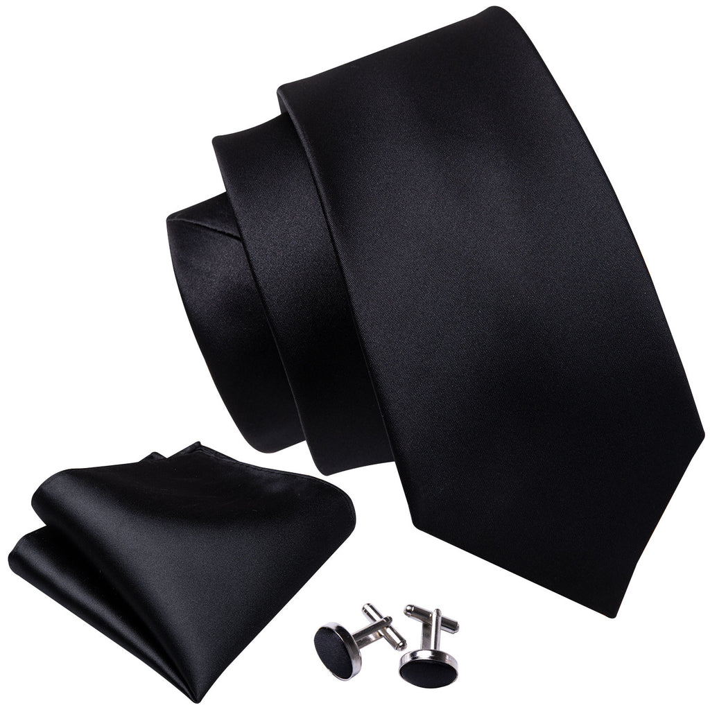 Black Solid Tie, Pocket Square and Cufflinks Set tie sets - Sophisticated Gentlemen