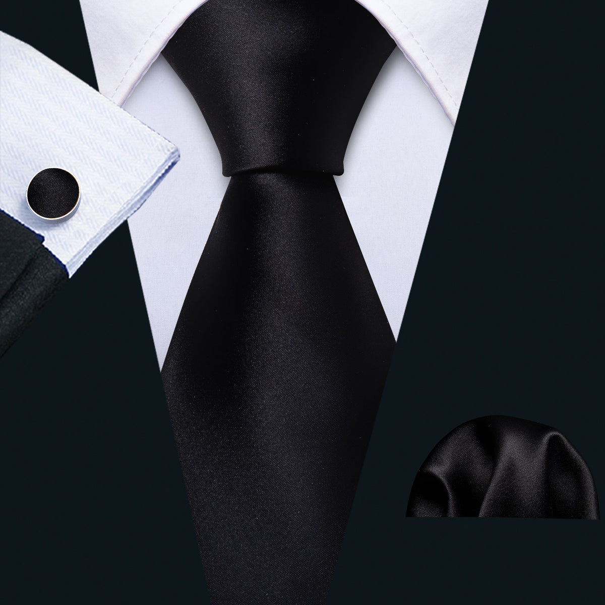 Black Solid Tie, Pocket Square and Cufflinks Set tie sets - Sophisticated Gentlemen