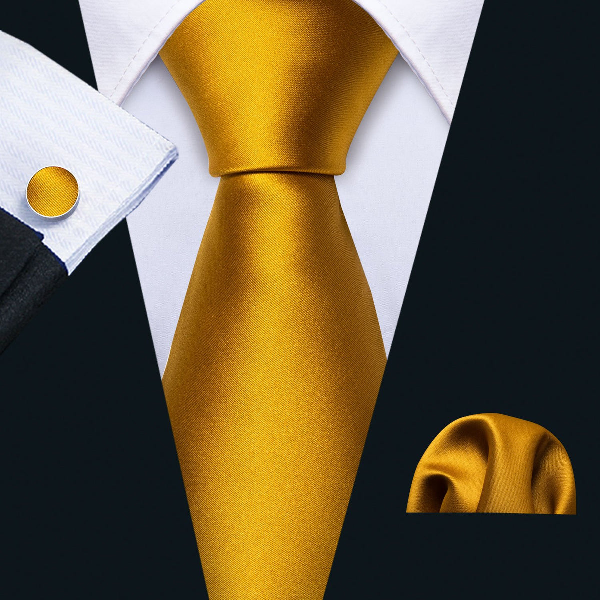 Golden Solid Silk Tie, Pocket Square and Cufflinks Set with Brooches tie sets - Sophisticated Gentlemen