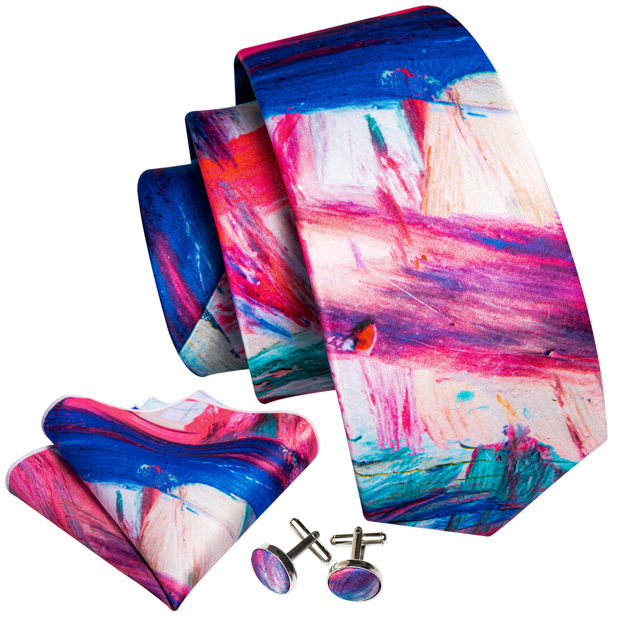 Red Yellow Teal Novelty Print Silk Tie, Pocket Square and Cufflinks Set tie sets - Sophisticated Gentlemen