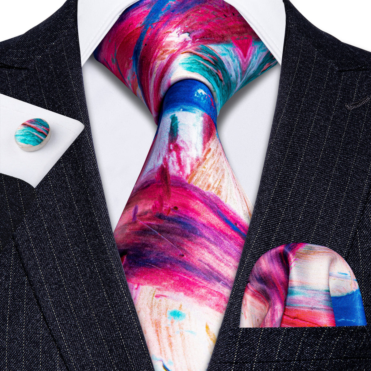Red Yellow Teal Novelty Print Silk Tie, Pocket Square and Cufflinks Set tie sets - Sophisticated Gentlemen