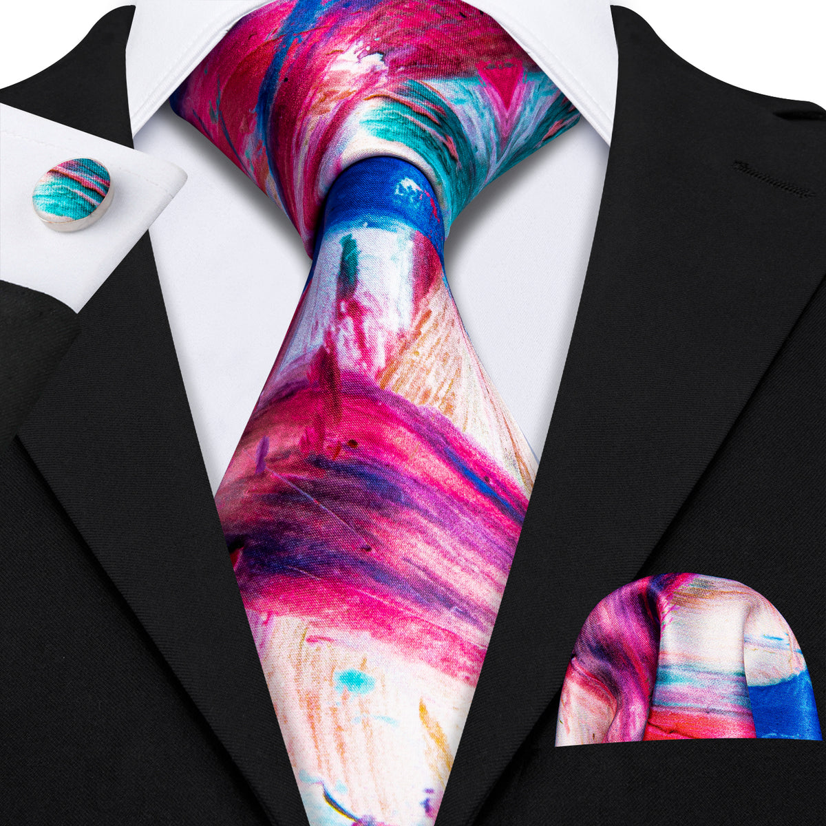 Red Yellow Teal Novelty Print Silk Tie, Pocket Square and Cufflinks Set tie sets - Sophisticated Gentlemen