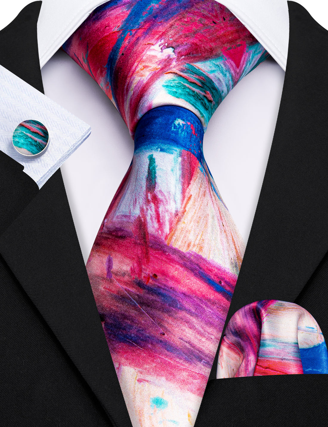Red Yellow Teal Novelty Print Silk Tie, Pocket Square and Cufflinks Set tie sets - Sophisticated Gentlemen