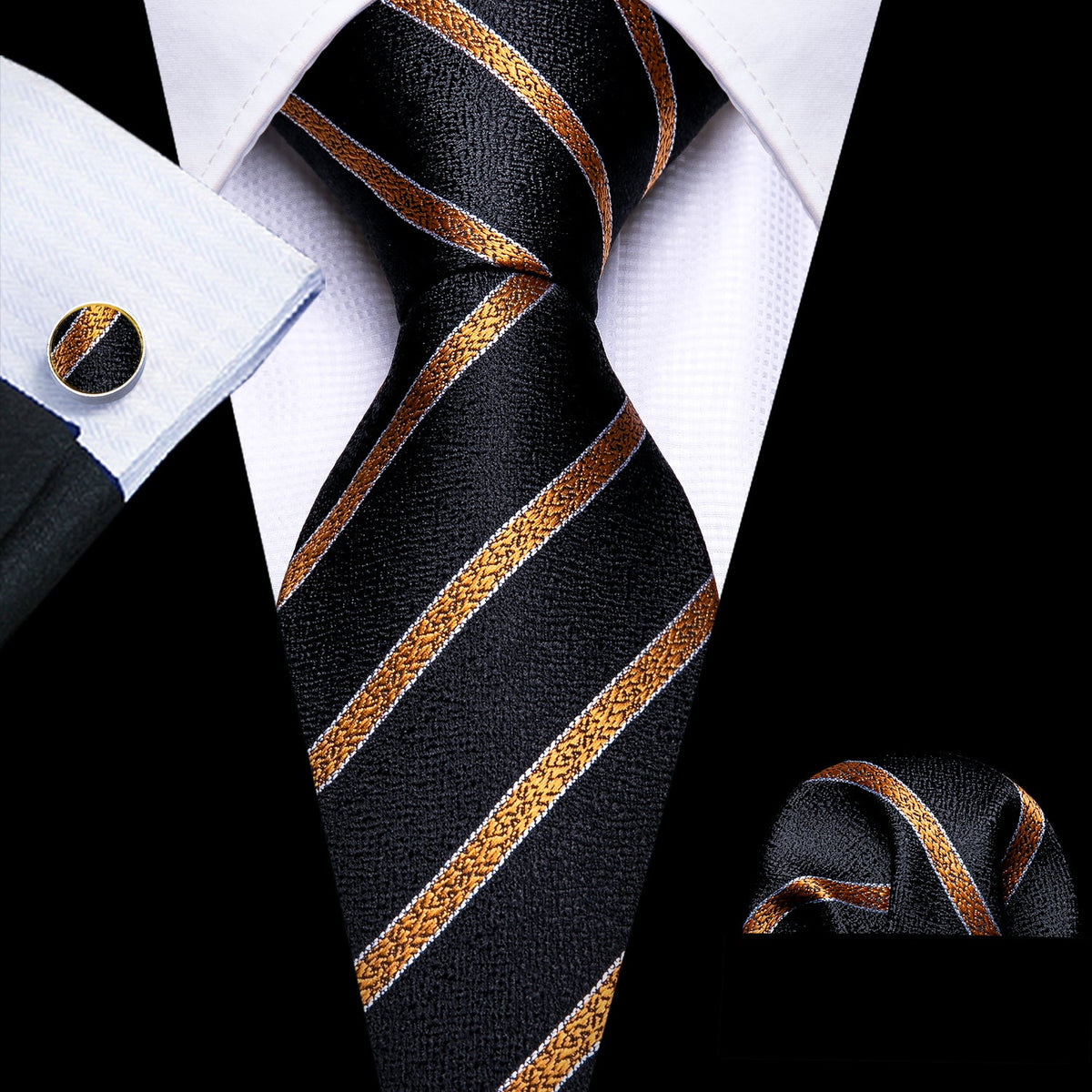 Gold-Striped Black Tie Set with Pocket Square & Cufflinks tie sets Default Title - Sophisticated Gentlemen