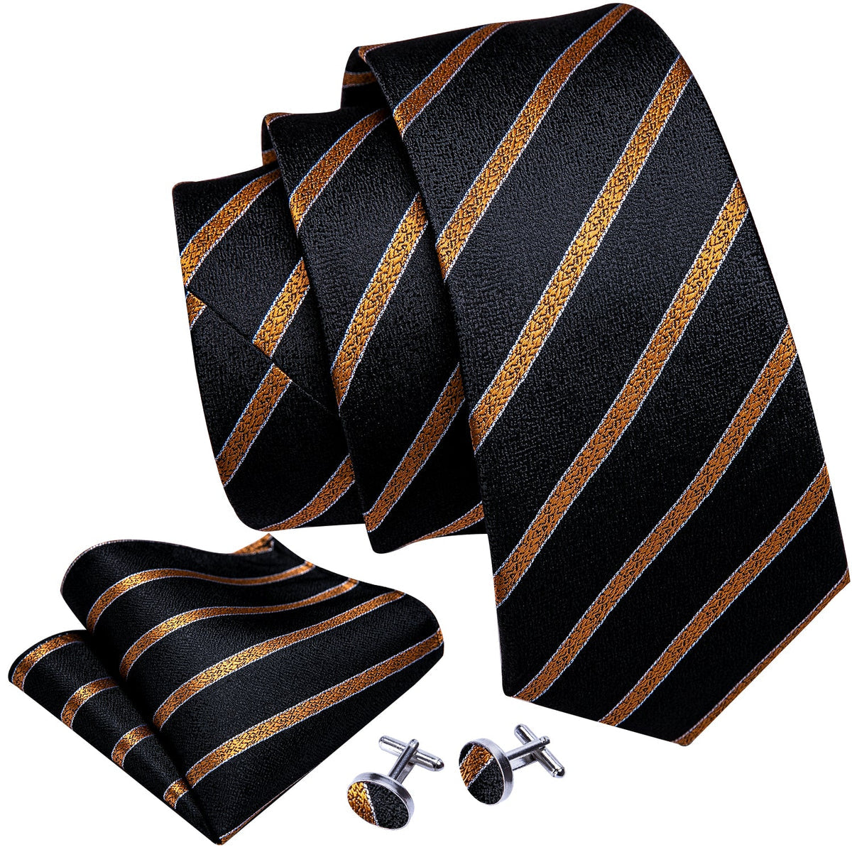Gold-Striped Black Tie Set with Pocket Square & Cufflinks tie sets - Sophisticated Gentlemen