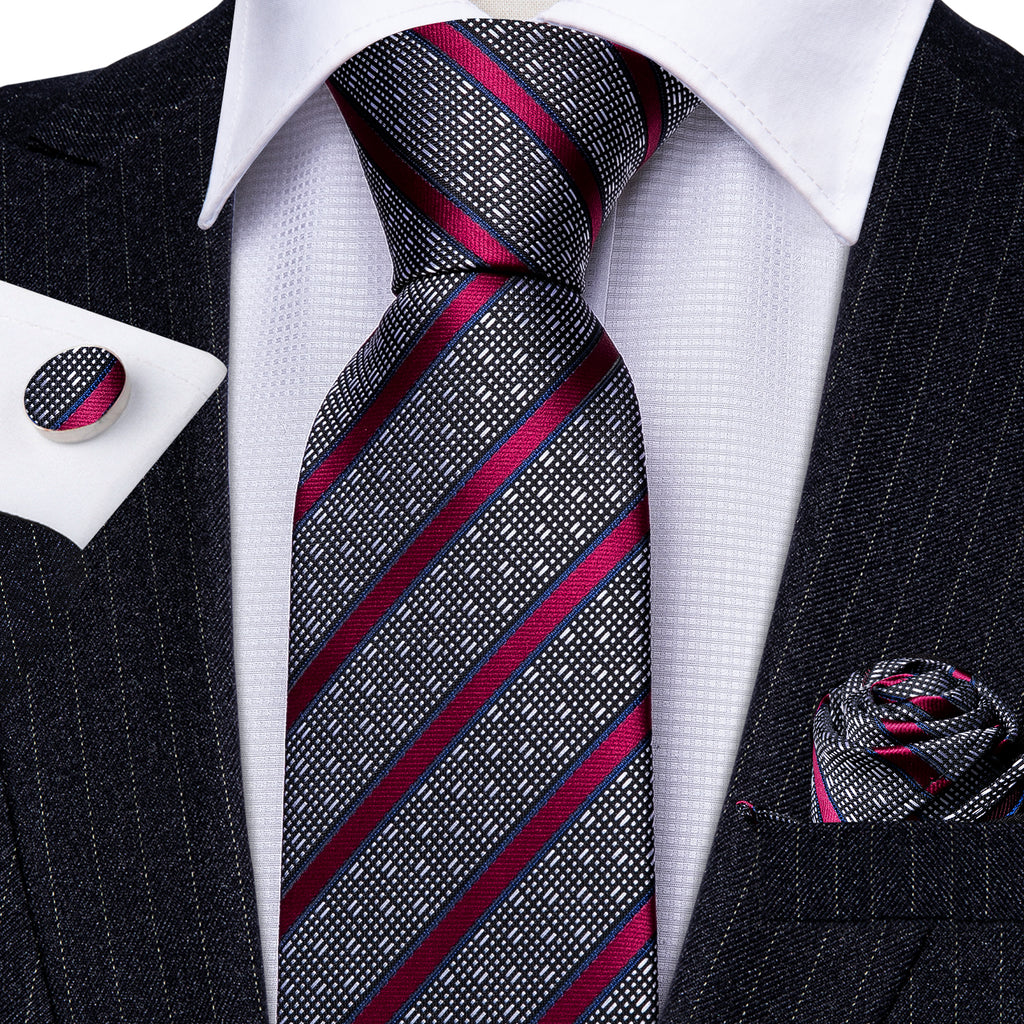 Gray Red Striped Silk Tie, Pocket Square and Cufflinks Set tie sets - Sophisticated Gentlemen