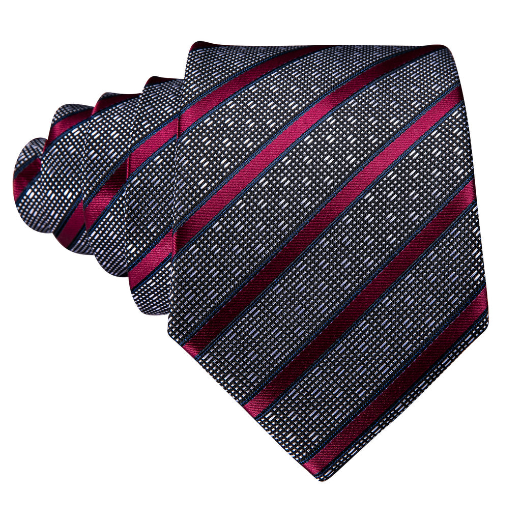 Gray Red Striped Silk Tie, Pocket Square and Cufflinks Set tie sets - Sophisticated Gentlemen