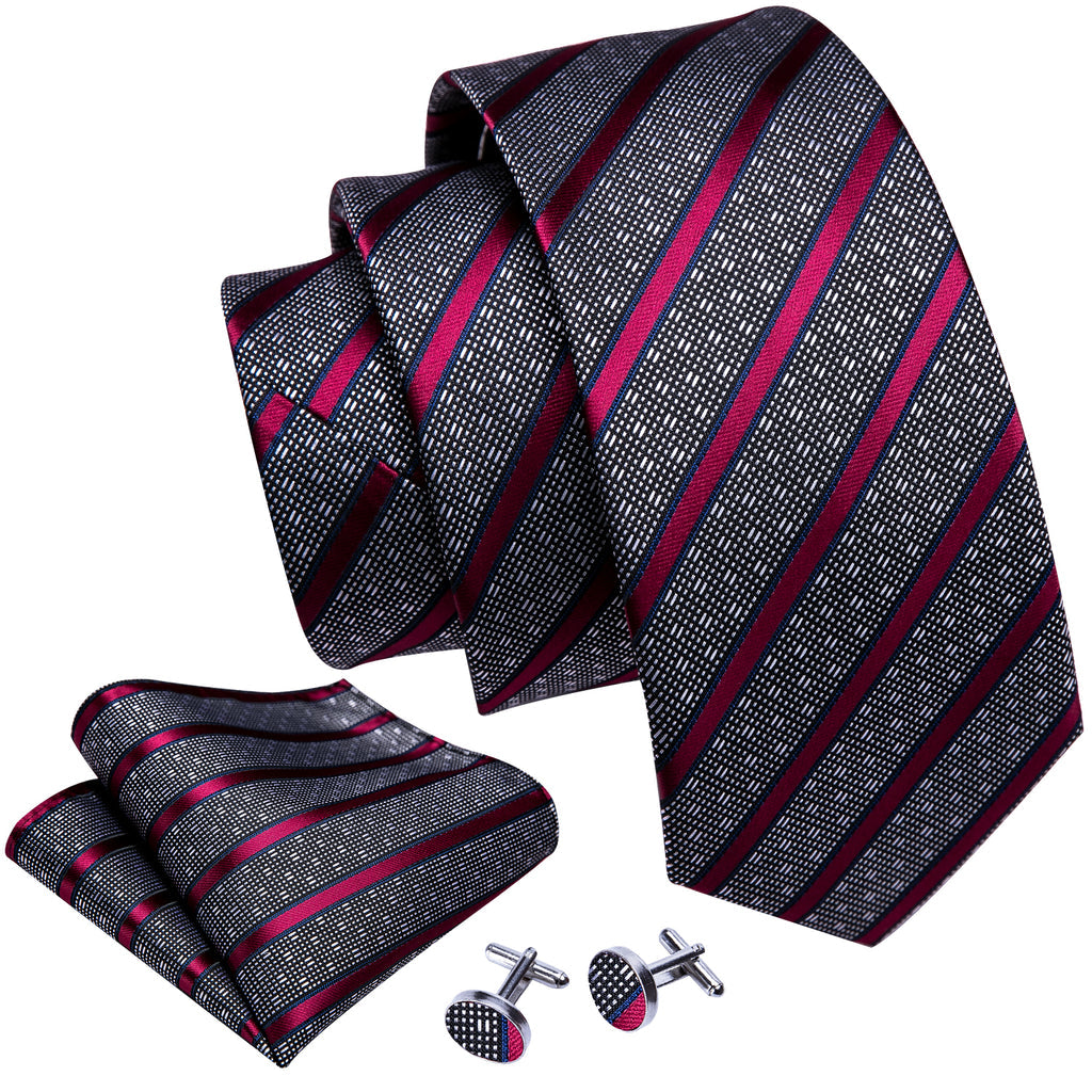 Gray Red Striped Silk Tie, Pocket Square and Cufflinks Set tie sets - Sophisticated Gentlemen