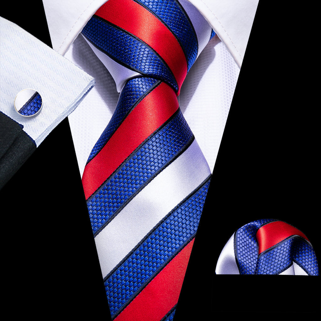 Blue Red Geometric Novelty Tie, Pocket Square and Cufflinks Set tie sets - Sophisticated Gentlemen