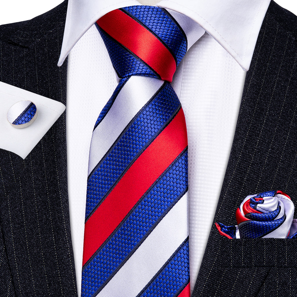 Blue Red Geometric Novelty Tie, Pocket Square and Cufflinks Set tie sets - Sophisticated Gentlemen